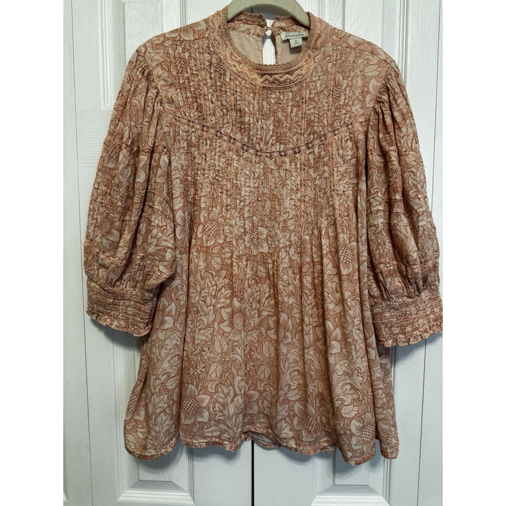 Sundance Embroidered Tunic Blouse Women M Pleated Cotton Boho Peasant Prairie